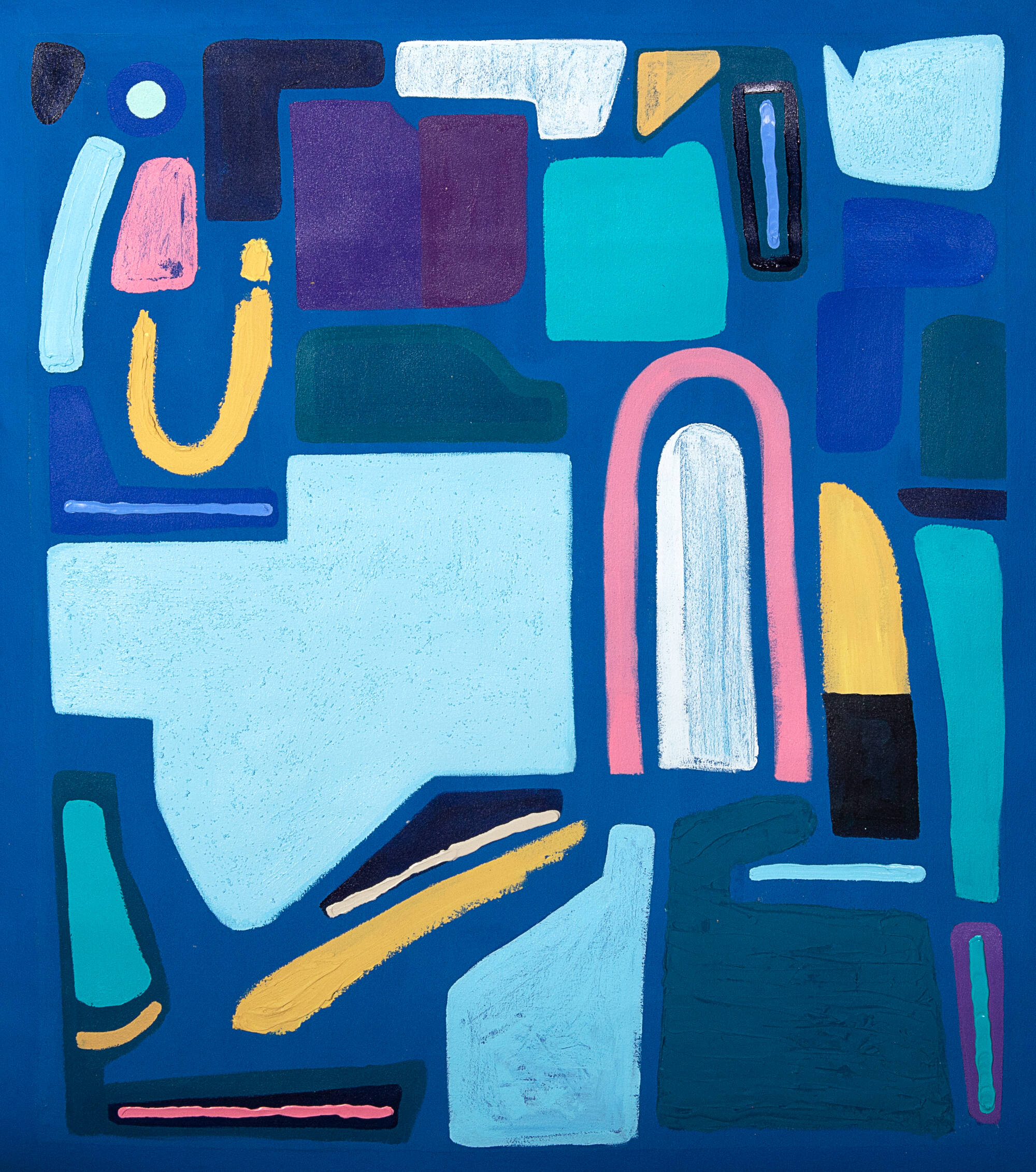 An abstract mixed media piece with a pink arch in the center and other blue, purple, yellow, and black organic shapes on a deep blue background.